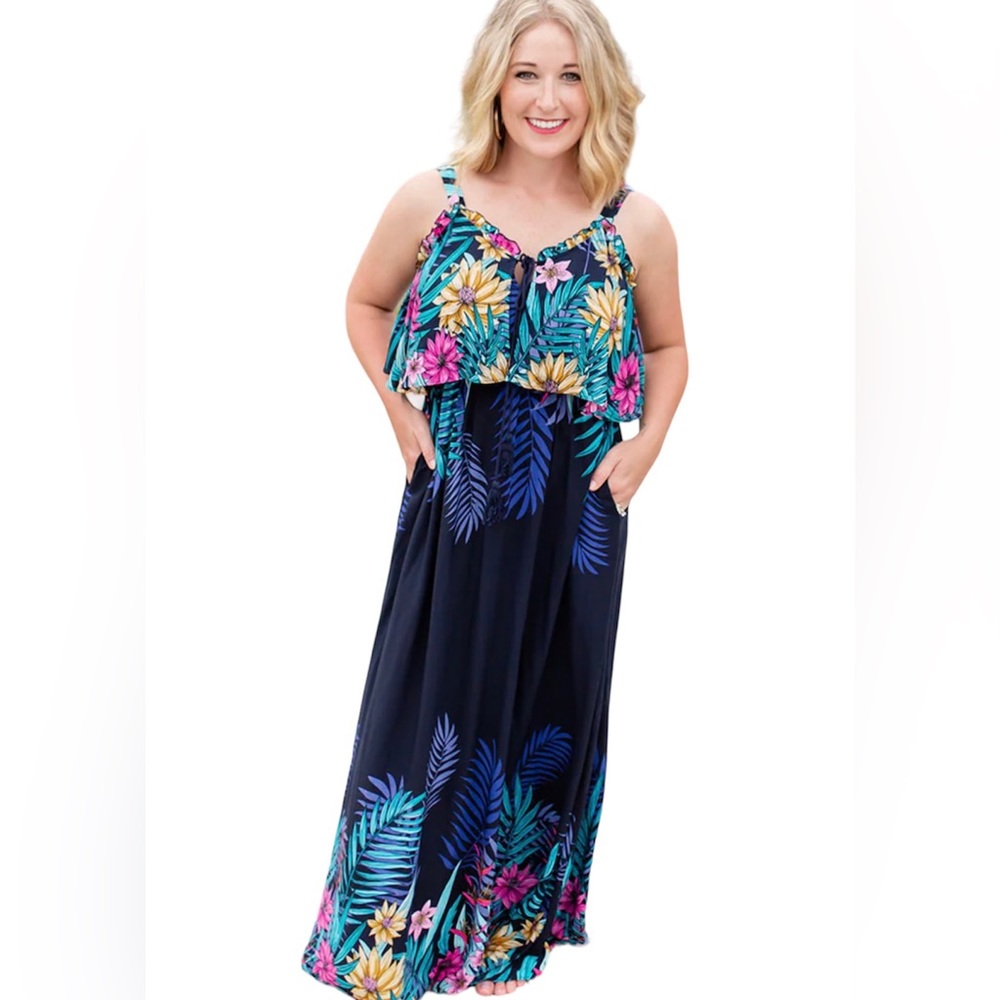 Cotton Blue Tropical Maxi Dress - Size Large